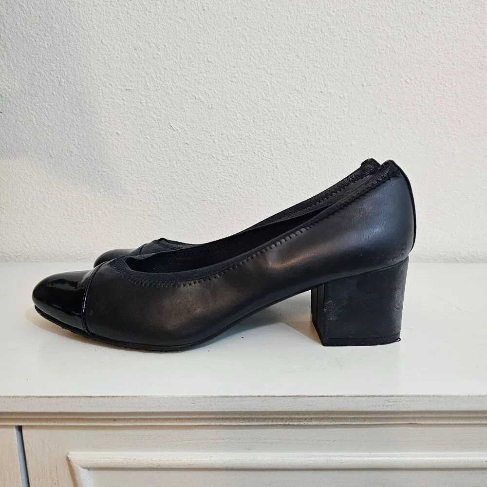 Soft Style Womens Sz 8.5 Black Faux Leather Pump Patent Toe Cap Comfort Shoes - Picture 5 of 10